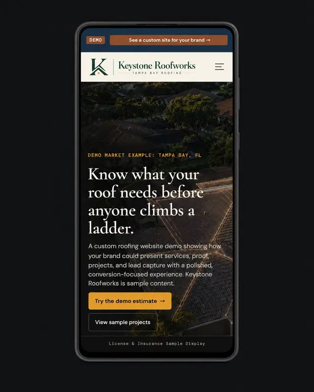 The Keystone Roofworks demo site on a phone, showing its call-first mobile layout